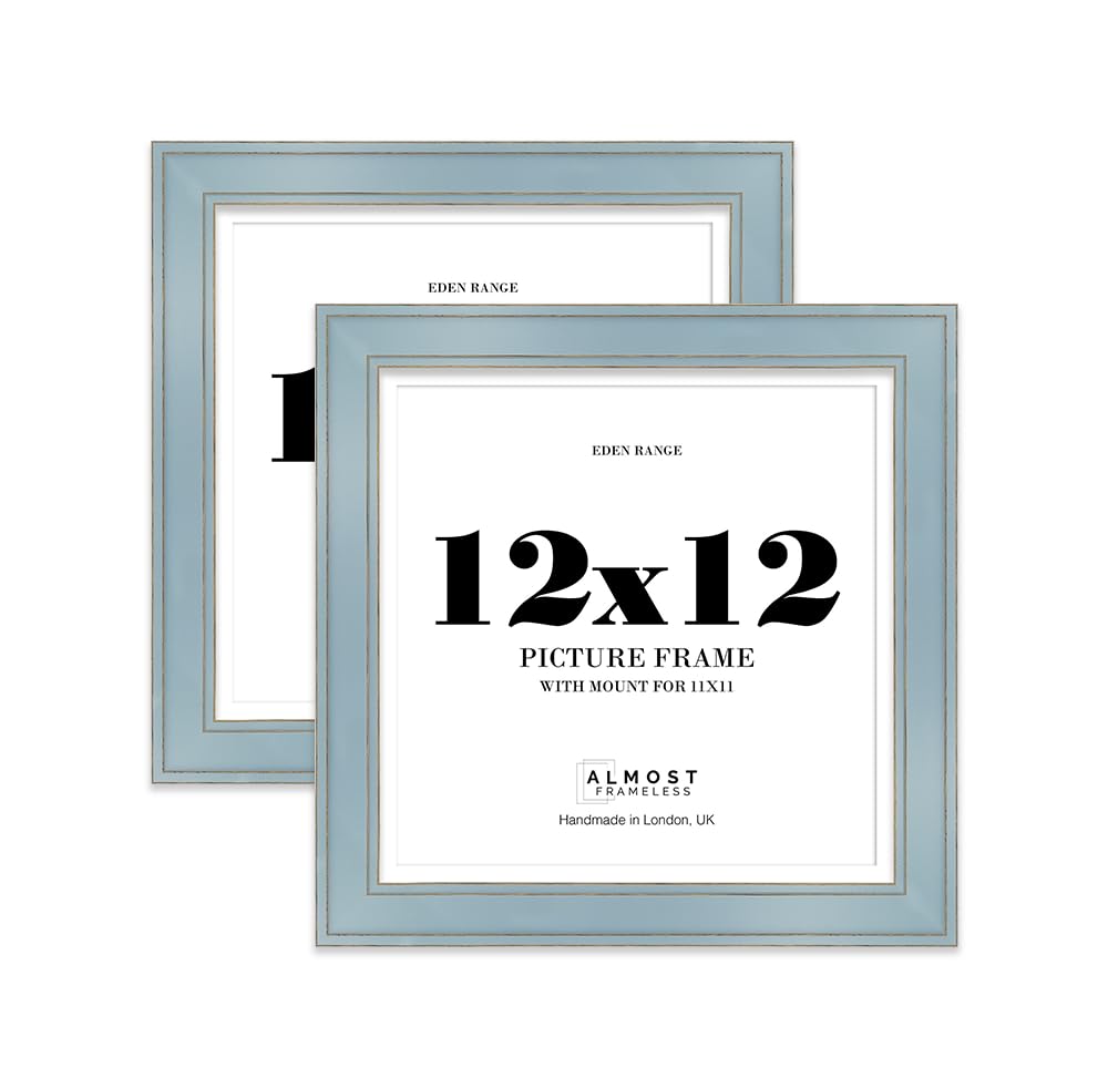 12x12" Cornflower Blue Square Picture Frame with 11x11" Mount - Shabby Chic Photo Frame with Distressed Finish, Gold Trim, Wall Hooks and Kickstand, 37mm Edge - 2 Pack