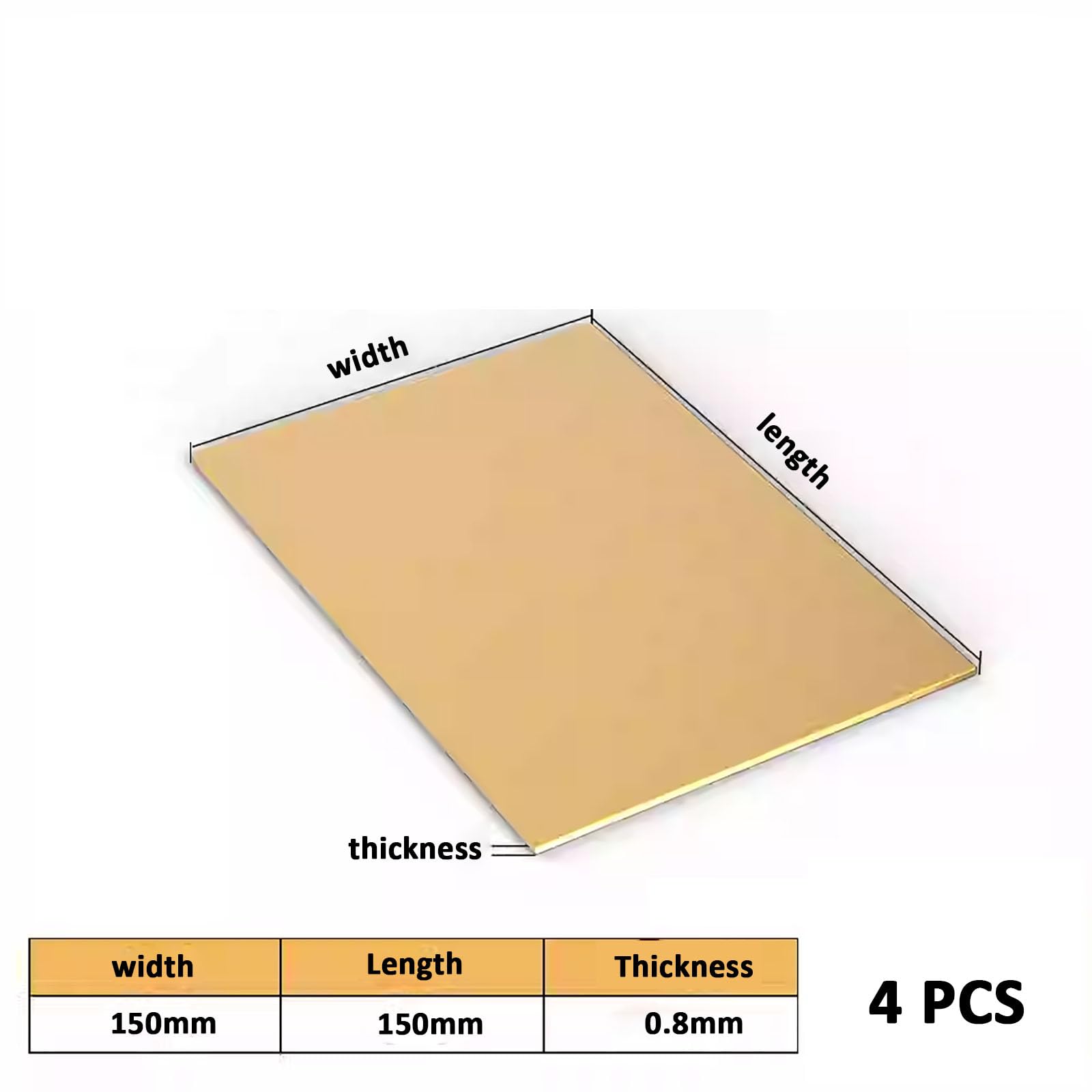 Arkusz mosiężny o grubości 0,8 mm – zestaw 4 arkuszy blachy do projektów DIY, elektrotechniki i rzemiosła(150mm*150mm)