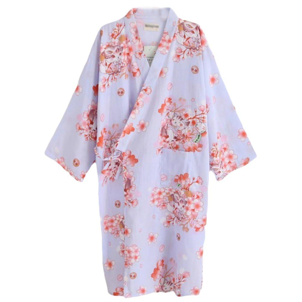 Kimono Robe Japanese Cute Cherry Blossom and Cat Pattern Yukata Pajama V-Neck Bathrobe Dressing Gown Loungewear Meditation Robe Spa Bath Cotton Women Summer (Purple, L) Large