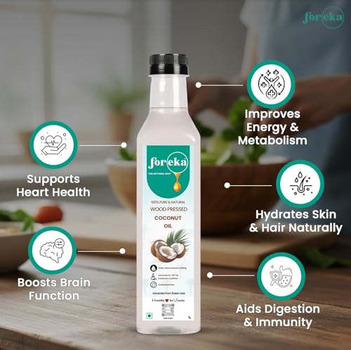 Image of Foreka Wood Pressed Virgin Coconut Oil 1L (Pack of 2) - Cold Pressed & Unrefined Edible Coconut Oil - Traditional Chekku /Kolhu Extracted - Natural Multipurpose Oil for Cooking, Hair & Skin Care