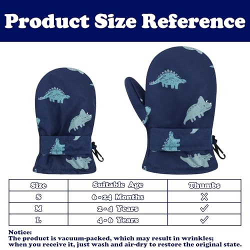 Image of Toddler Mittens Waterproof Toddler Winter Gloves Toddler Snow Gloves for Kids Baby Winter Mittens for Toddler Girls Boys, Navy Dinosaur, 6 - 24 Months