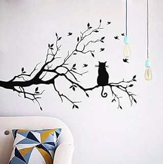 CUGBO Cat On Long Tree Branch Wall Decal Cat Window Art Sticker Removable DIY Vinyl Rooms Home Decor,Black - coolthings.us