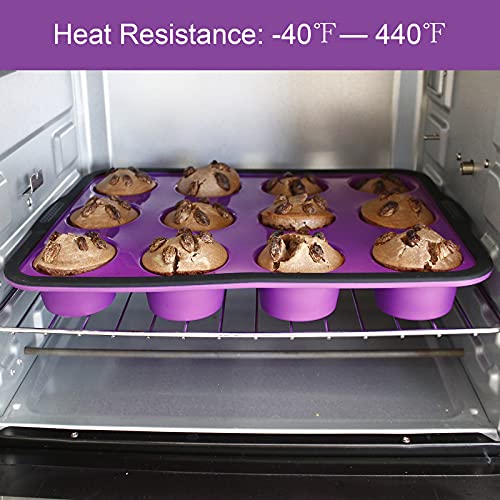 Aichoof Non-Stick Silicone Muffin Pan With Reinforced Stainless Steel Frame Inside,12 Cup Regular Muffin Baking Mold, 12 Cup Muffin Tin, Bpa Free,Dishwasher Safe, Purple #TOP3
