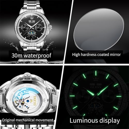 Image of OLEVS Automatic Men Watch Self Winding Mechanical Luxury Dress Moon Phase Stainless Steel Waterproof Luminous Calendar Wrist Watch