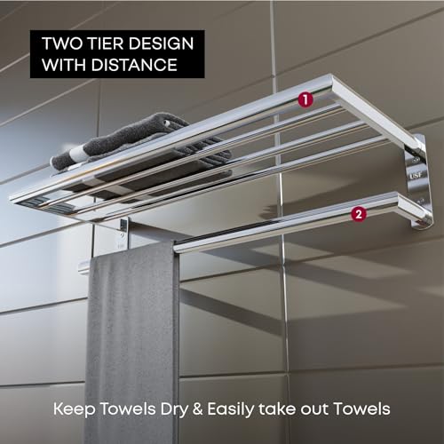Image of USF 24 Inch Bathroom Towel Rack, 304 Stainless Steel Towel Hanger for Wash Basin Area, Wall Mounted Towel Holder for Bathroom,Chrome Finish, Durable Bathroom Rack