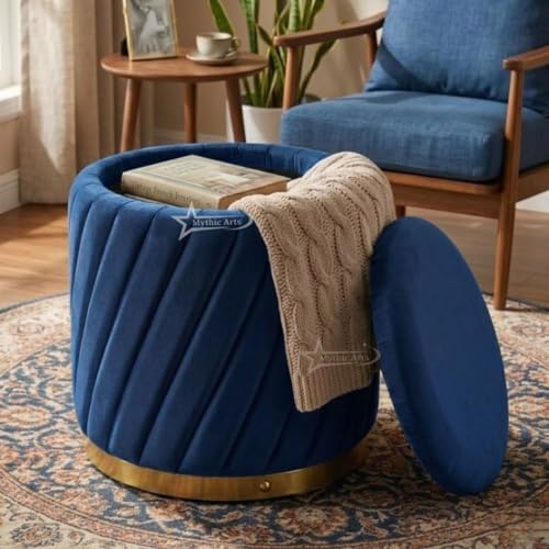 Image of Mythic ArtsRound Upholstered Sitting Stool & Footrest Velvet Storage Ottoman Pouffe16 X 16X 19 inch | Versatile Puffy for Living Room, Bedroom, and Office ? Chic Home Furnishings & Dcor Blue