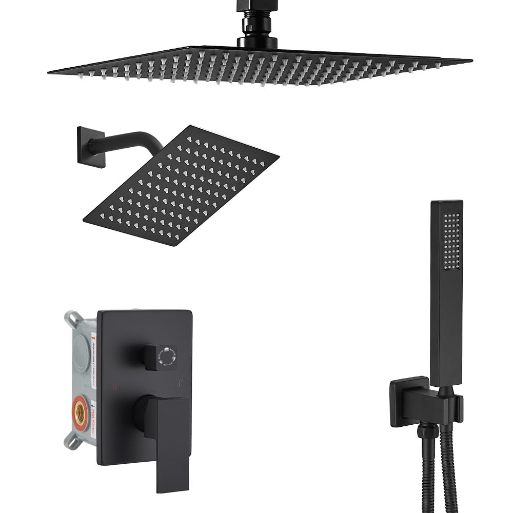 YCAIKOI Shower Faucet Set Matte Black Shower System, Knob Switch Diverter Shower Faucet with High Pressure Handheld Spray, Ceiling Mount 10 Inch