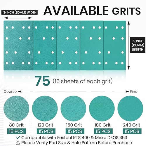 Image of 75 Pcs 3 inch x 5 inch Sandpaper Assortment Compatible with Festool 14 Hole 80, 120, 150, 180, 240 Grit (15 of Each) Hook & Loop Sanding Sheet Compatible with Festool RTS 400 & Mirka Deos 353