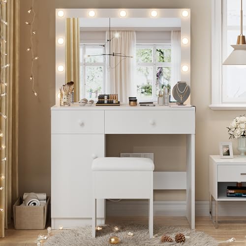 Haewon Makeup Vanity Desk with Lighted Mirror, White Vanity with Chair Power Outlet Drawers Cabinet, Dressing Table Set with 3 Lighting Modes for Bedroom