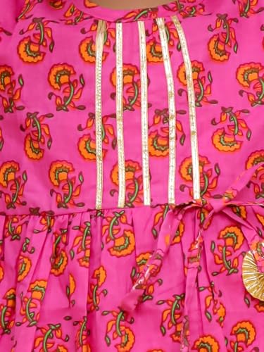 Image of superminis Cotton Blend Baby Girl's Jaipuri Print Frock Style Kurti With Frill Sleeves And Dhoti Style Salwar With Elastic Closure Ethnic Dress Clothing Set