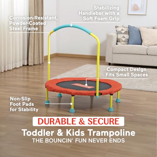 Image of Fisher-Price 3-Foot Mini Trampoline, WonderJump 36-Inch Round Indoor Toddler Kids Trampoline with Stabilizing Handlebar