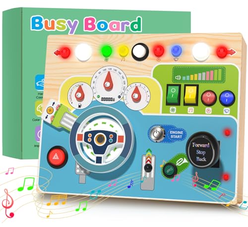 Thinkaroo Busy Board Montessori Juguetes de madera con tablero de instrumentos simulados e interruptor de luz LED, juguete sensorial para 1, 2, 3, 4 años