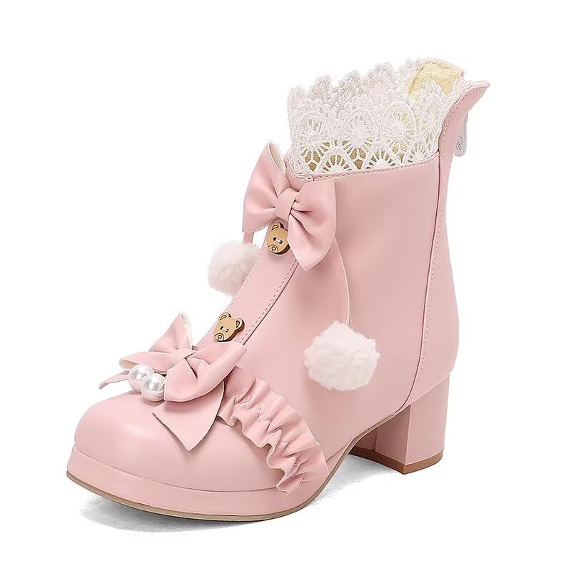 Lace Lolita Boots Cute Sweet Pom-Poms Bow Pearl Ruffles Button Low Chunky Heel Platform Kawaii Zip Ankle Booties