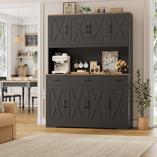 Image of HOSTACK 71 inch Tall Kitchen Pantry Storage Cabinet, 55 inch W Kitchen Hutch, Black | Large Pantry Cabinet with Charging Station / Countertop / 3 Drawers, Farmhouse Hutch Cabinet with Storage for Dining Room
