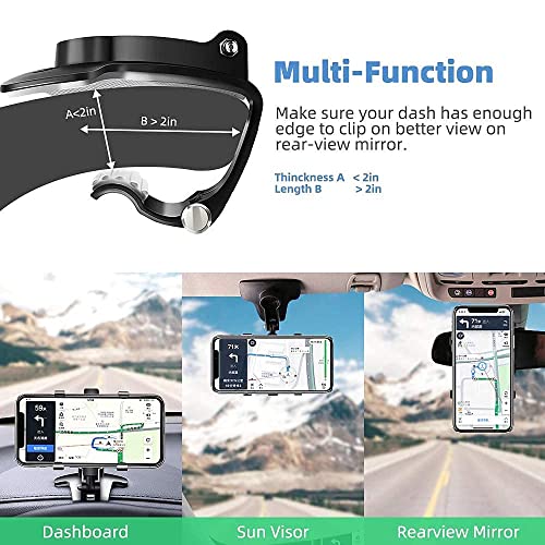 Image of SEVAM Dashboard Phone Mount, Multifunctional Mobile Holder for Car, 360-Degree Rotating Rearview Mirror Holder, Adjustable Spring Clip, Suitable for 4-6.5 Inch Smartphones