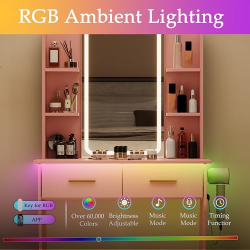 Image of BORNOON Vanity Desk with Mirror and Lights, Small Makeup Vanity Desk with Charging Station, Bedroom Vanity Table with Drawers, Storage Shelves, RGB Ambient Light and Hair Dryer Holder