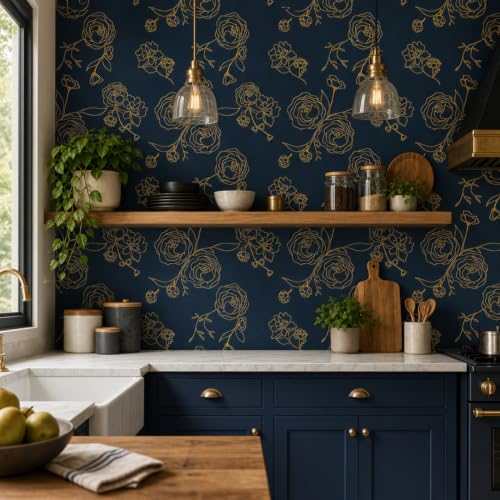 Image of FOKRIM Wallpaper for Walls Sticker Peel and Stick Removable Self Adhesive Waterproof Wall Paper for Home Kids Room Play Room (Blue Gold)
