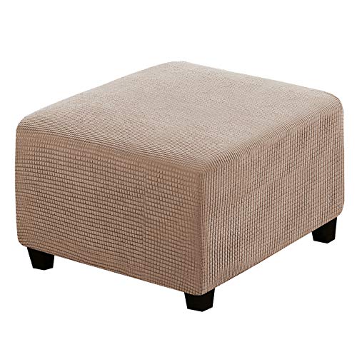Image of H.VERSAILTEX Square Ottoman Covers Ottoman Slipcovers Folding Storage Stool Furniture Protector Form Fit with Elastic Bottom, Stretch High Spandex Small Checks Jacquard Fabric(Large,Sand)
