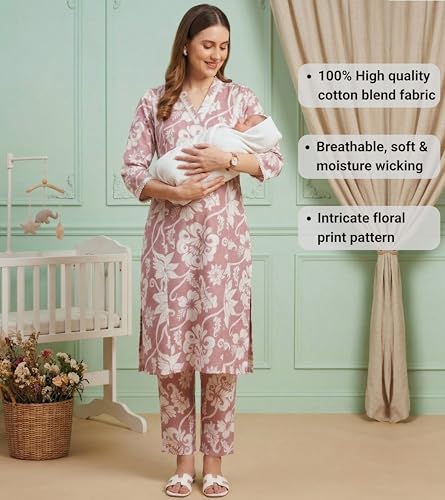 Image of DUMMY SHAPE Maternity Dresses for Women Cotton | Floral Kurta Pant Dupatta Set with Nursing Zippers, Side Pocket | Pre & Post Pregnancy | Feeding Kurti Suit | Baby Shower | Gifts for Pregnant Woman