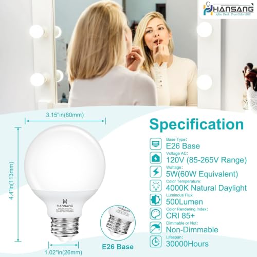 Image of 20 Pack LED Vanity Barthroom Light Bulbs 60W Equivalent 4000K Natural White | G25 LED Light Bulbs, E26 Base, CRI85+ Eye-Friendly, Type G Round Light Bulb Over Mirror, 120V, 5W, 500LM, Non-Dimmable