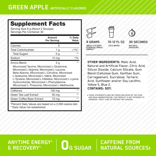 Image of Optimum Nutrition Amino Energy - Pre Workout with Green Tea, BCAA, Amino Acids, Keto Friendly, Green Coffee Extract, Energy Powder - Green Apple, 30 Servings (Packaging May Vary)