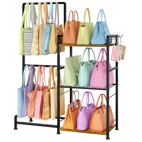 Purse Storage Organizer for Women, 3-Tier Max Purse Storage Stand Rack Holder & Bag Shelf for Closet,12 Fixed Hooks& 3 Side Hooks,Keeping Purses Visible,Purse Display & Bag Organizer for Various Bags