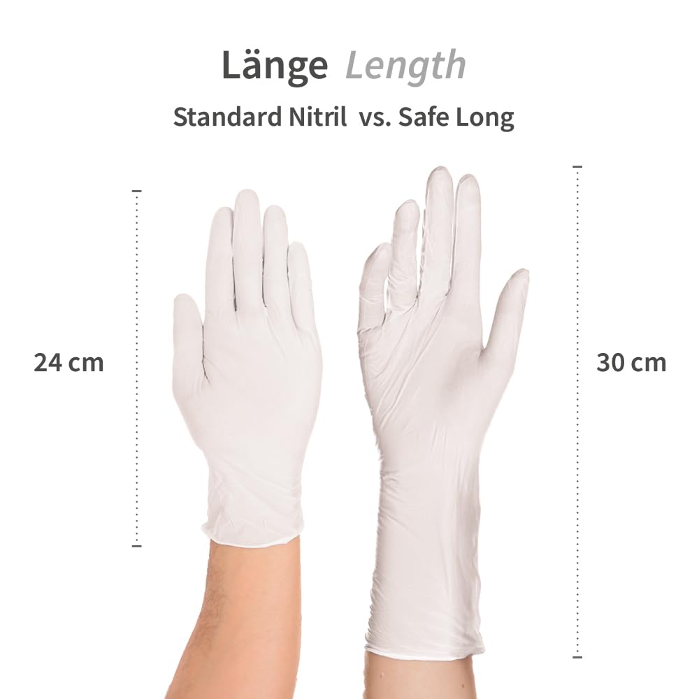 FRANZ MENSCH 1000 Stück Hygonorm Nitrilhandschuhe Safe Long Light | puderfrei, weiß, 10/XL, L: 30cm, Karton, Einmalhandschuhe, Nitrilhandschuhe, Gummihandschuhe, Einweghandschuhe