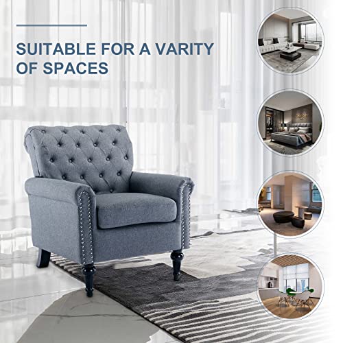 Ayoodfo Mid Century Modern Accent Chair, Club Chair Tufted Armchair With Nail-Head Trim And Wood Legs, Upholstered Single Sofa Accent Armchairs For Living Room, Bedroom, Small Space, Dark Gray #TOP5
