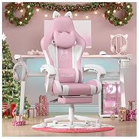 bigzzia Gaming Chair Cute with Cat Ears and Massage Lumbar Support, Ergonomic Computer Chair for Girl with Footrest and Headrest (Pink and White)