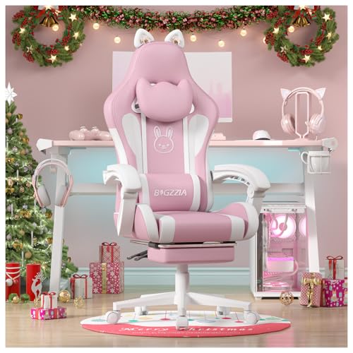 bigzzia Gaming Stuhl mit Massagefunktion und Fußstütze– Ergonomischer Gaming Chair für Mädchen & Erwachsene, Gamer Stuhl Kopf- & Lendenwirbelstütze mit Katzenohren (Rosa-Weiß)