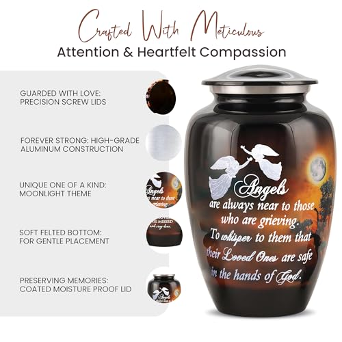 Image of Handcrafted Angel Quote Large Urn for Ashes Adult Male & Female with Velvet Bag | Funeral Cremation Urns for Human Ashes Adult Man | Decorative Memorial Burial Urns up to 220 lbs