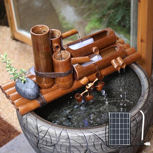 Fuente De Bambú: Fuente De Agua Tradicional Japonesa De Bambú Con Movimiento Oscilante, Bomba Y Rueda Hidráulica; Incluye Panel Solar De 6 W Y Flujo De Agua Escalonado(40cm)