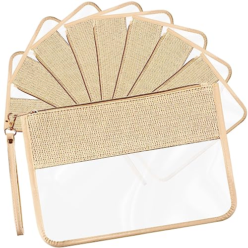 Silkfly 9 Pcs Braid Clear Straw Leather Travel Makeup Bag PU Leather Pouch with Zipper and Wristlet Clear Travel Pouch Waterproof Portable PVC Cosmetic Bag for Women, Beige