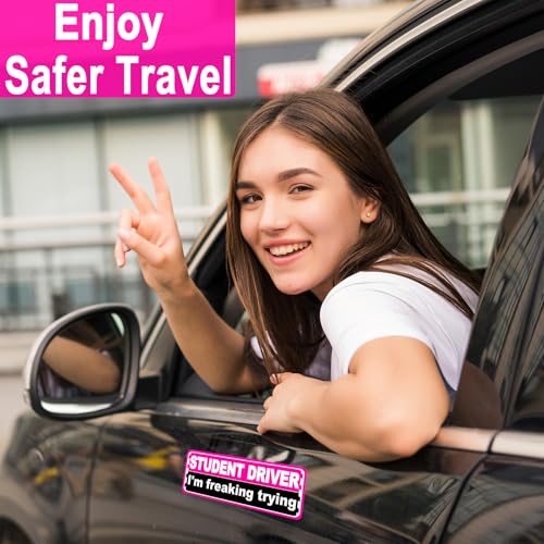 Image of Pink Student Driver Magnet for Car, Cute New Driver Magnetic Vehicle Sign, Reflective Safety Warning Sticker Magnet Sign for Girl, 10 inch x 3.5 inch (Pink- 2 Pack)