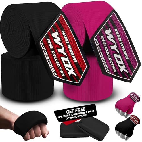 Recopilación de Ropa de Boxeo para Mujer los 5 mejores. 45 WYOX Vendas de Boxeo Guantes Interiores, elásticas, con Lazo para el Pulgar, Estilo Mexicano, para Debajo de los Mitones (Pack of 2, Negro+Rosa Fuerte, 4.5 Meter / 180 Inches...