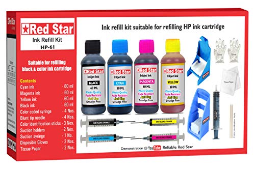 Red Star 4 Color Ink Refill kit with Suction Holder Suitable for HP 61 Black & Color Ink Cartridge Combo Pack with 240 ml Ink & 5 Syringes