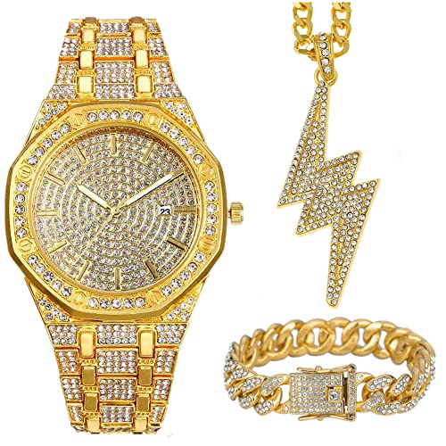 Conjunto hip hop de collar cubano reloj de calendario y pulsera dorada para hombre y mujer