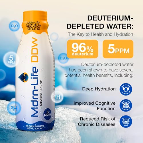 Image of •Mdrn-Life Deuterium Depleted Water, Purified Bottled Water, DDW as Low as 5-PPM, 9.5 pH Alkaline, No Additives or Chemicals, Pack of 12 (500 ml each) (Plastic Bottle)