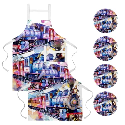 Tablier de cuisine aquarelle vintage train multicolore avec 4 broches