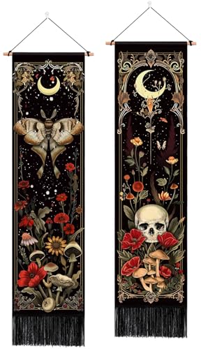 ARTCREATOR Pack of 2 Witchy Gothic Wall Bedroom Decor Moth Moon Tapestry Skull Mushroom Vertical Tapestries Retro Floral Flowers Tapestries for Bedroom Aesthetic Alt Room (12.8 x 51.2 inches)