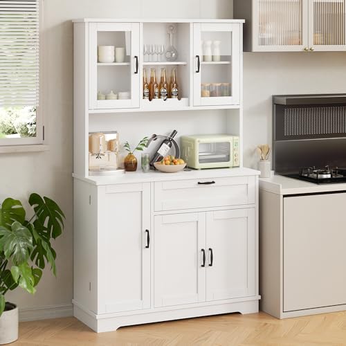 Image of Shintenchi Kitchen Pantry Storage Cabinet, Freestanding Buffet Cabinet with Microwave Stand & 4 Door Shelves, Kitchen Hutch with Doors, Adjustable Shelves and Wine Rack, White