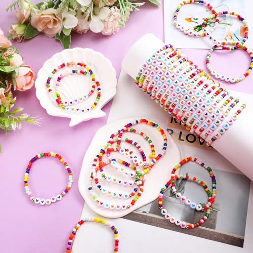 48 Pcs Friendship Bracelets Bulk Colorful Beaded Bracelets for Women Love Heart Letter Motivational Gifts for Woman Adults Wedding Party Favors3