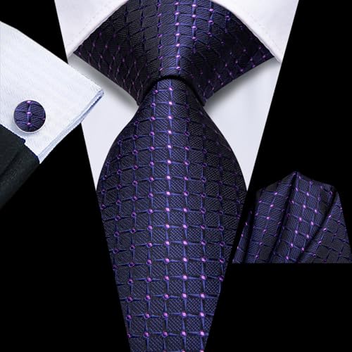 Image of Hi-Tie Men Silk Ties Set with Flower Lapel Pin Necktie Pocket Square Cufflinks for Tuxedo Wedding Business