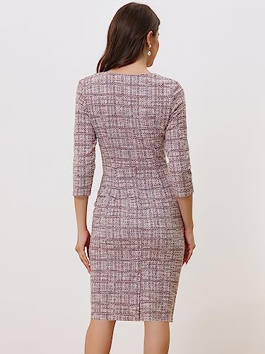 Allegra K Tweed Dress for Women Elegant 3/4 Sleeve Plaid Business Work Bodycon Pencil Dress3