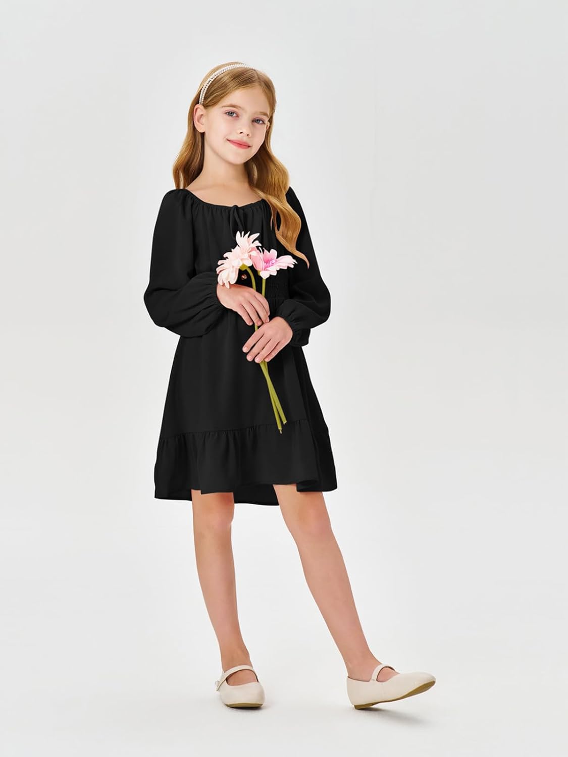 Girls Long Sleeve Square Neck Casual Boho Smocked Short Dresses 5-14 Years - Image 5