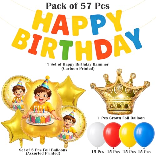 Image of Rozi Decoration Kids Birthday Decoration Kit with Happy Birthday Paper Banner, Crown Foil Balloon and Multicolor Latex Balloons - Pack of 57 Pieces for Home Party Decoration