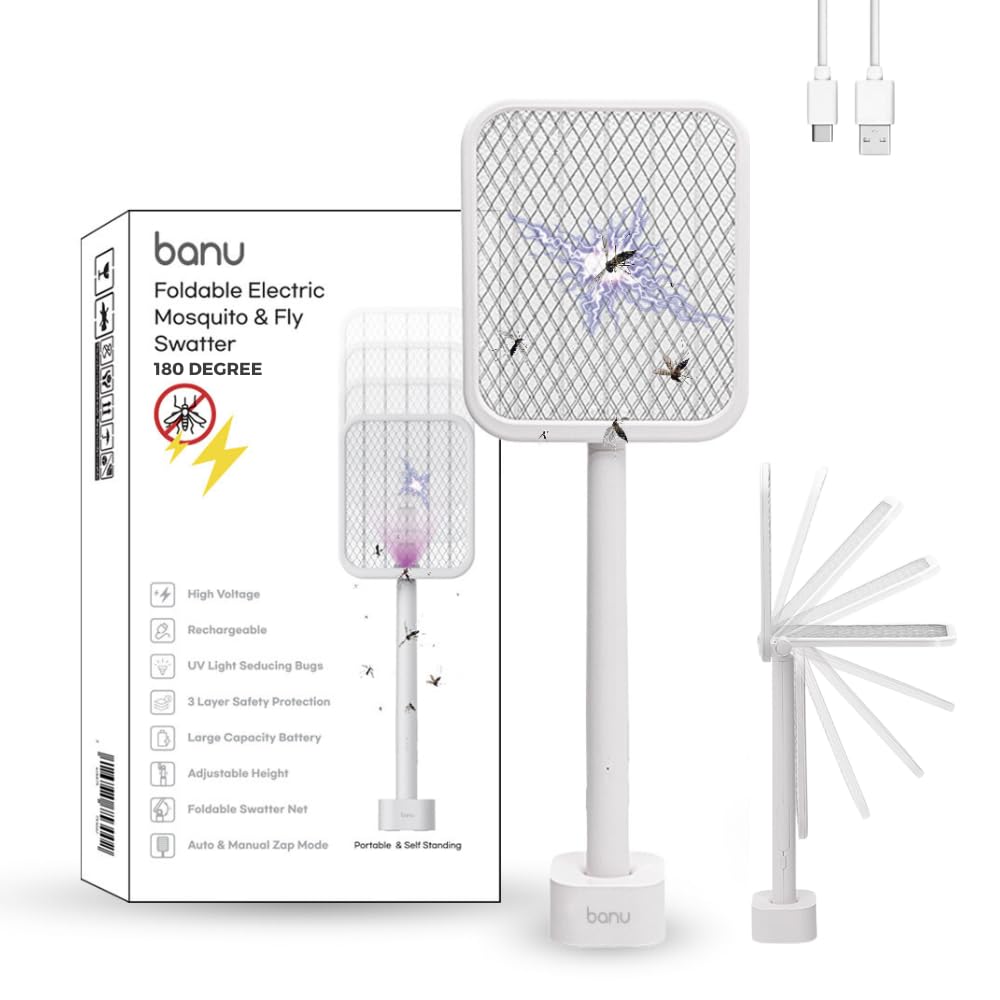 BANU - Raqueta eléctrica plegable en ángulo de 180 grados, ideal para matamoscas 2 en 1, lámpara recargable de 1200 mAh con 3 capas de malla de seguridad para interiores y exteriores