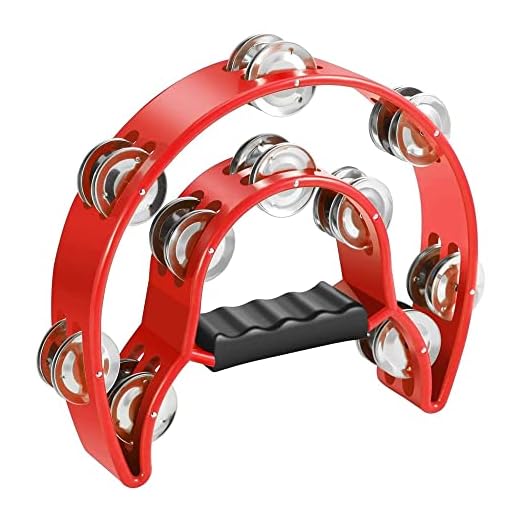 Voarge Pandereta Media Luna Tambor de doble luna de luna musical de metal Jingles Pandereta de mano (Rojo)