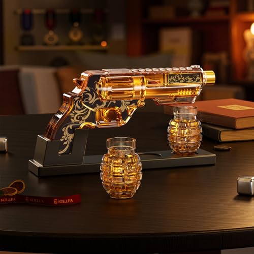 Image of Kollea Black Whiskey Decanter Set with Grenade-Shaped Shot Glasses, Anniversary Birthday Gifts for Men Who Have Everything, Whiskey Gifts for Father, Husband, Boyfriend & Military Enthusiasts