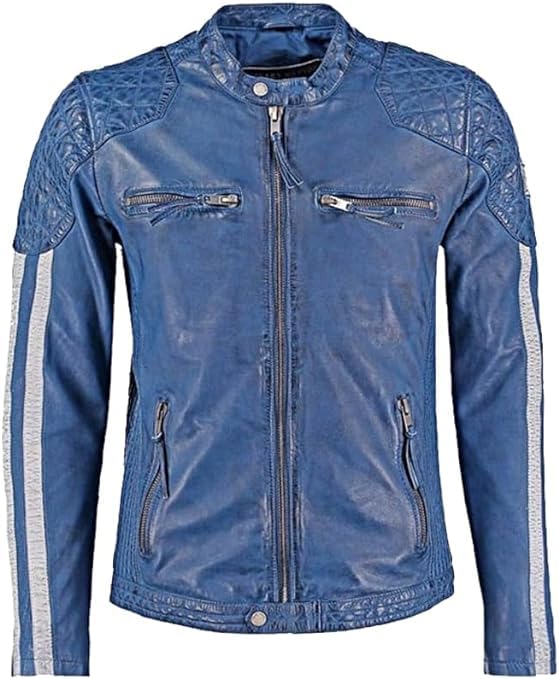 Men Blue Leather Jacket - Striped Waxed Biker Motorcycle Sheepskin Leather Jacket